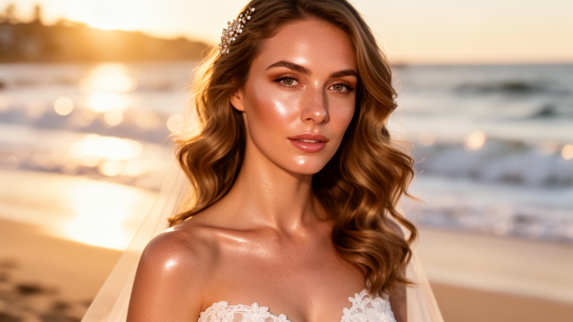 Australian bride with sun-kissed bridal makeup at Cronulla beach